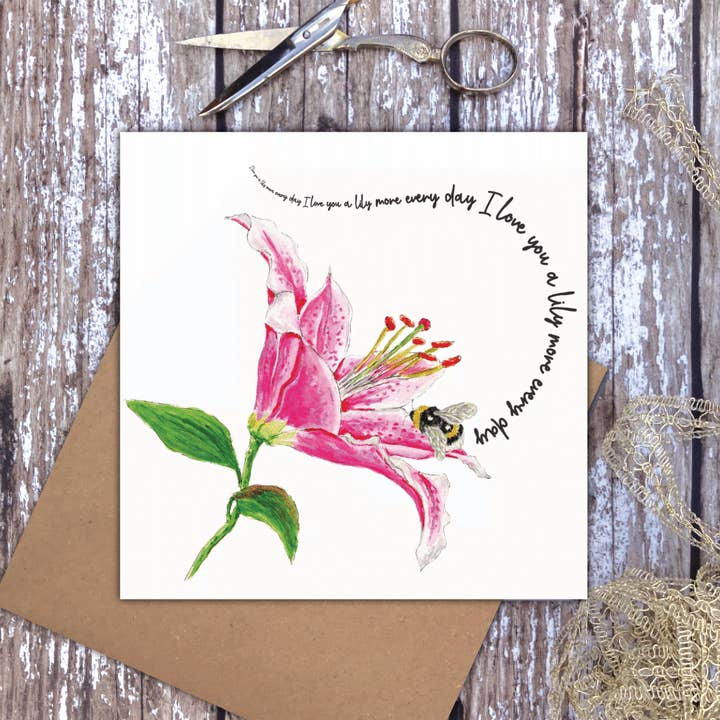 'I love you a lily more every day' Lily Bee card for wholesale by Utterly Conkers