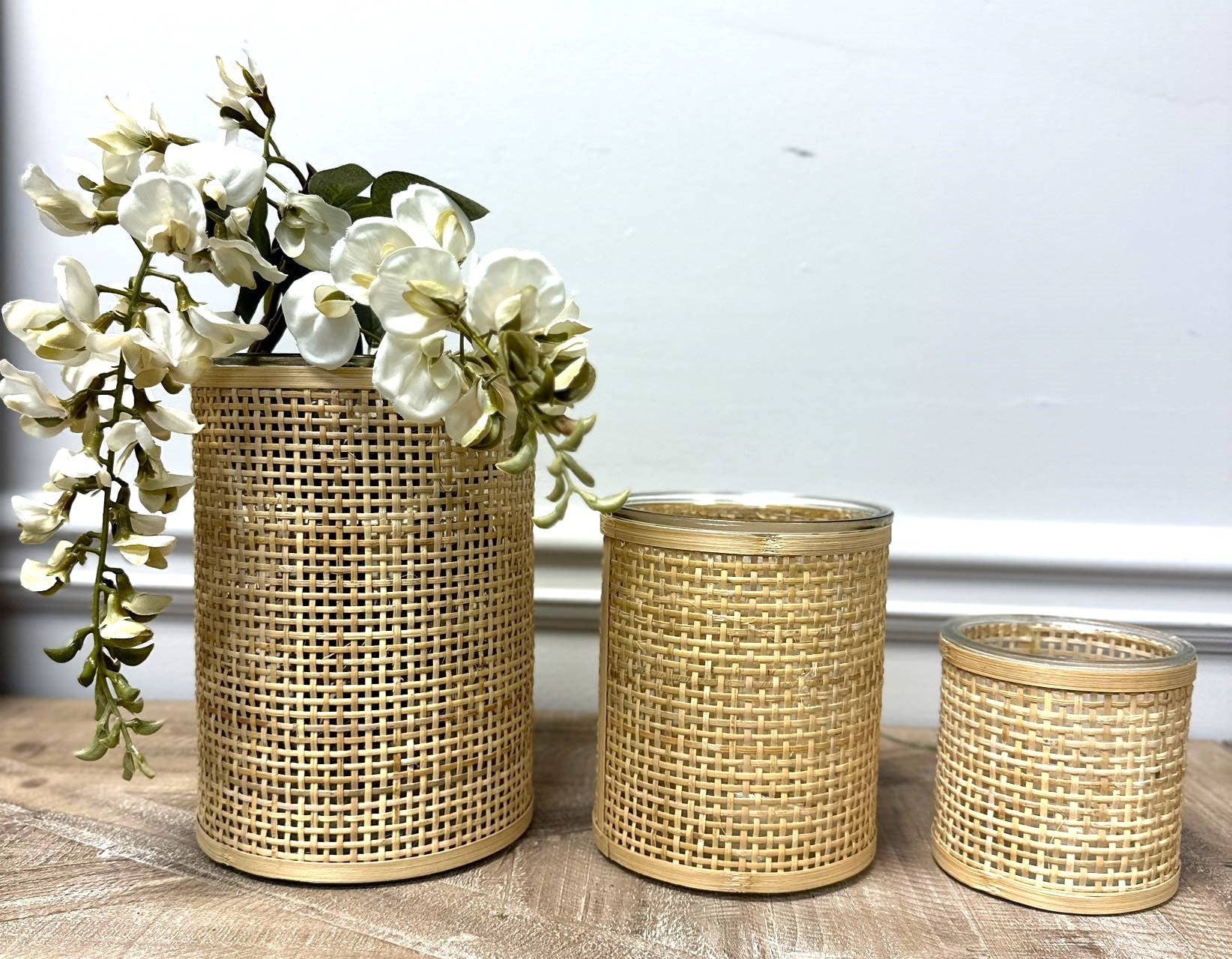 Vagabond Vintage - Wholesale Candle Holder - WEAVED RATTAN WRAPPED GLASS VASE/CANDLE HOLDER2