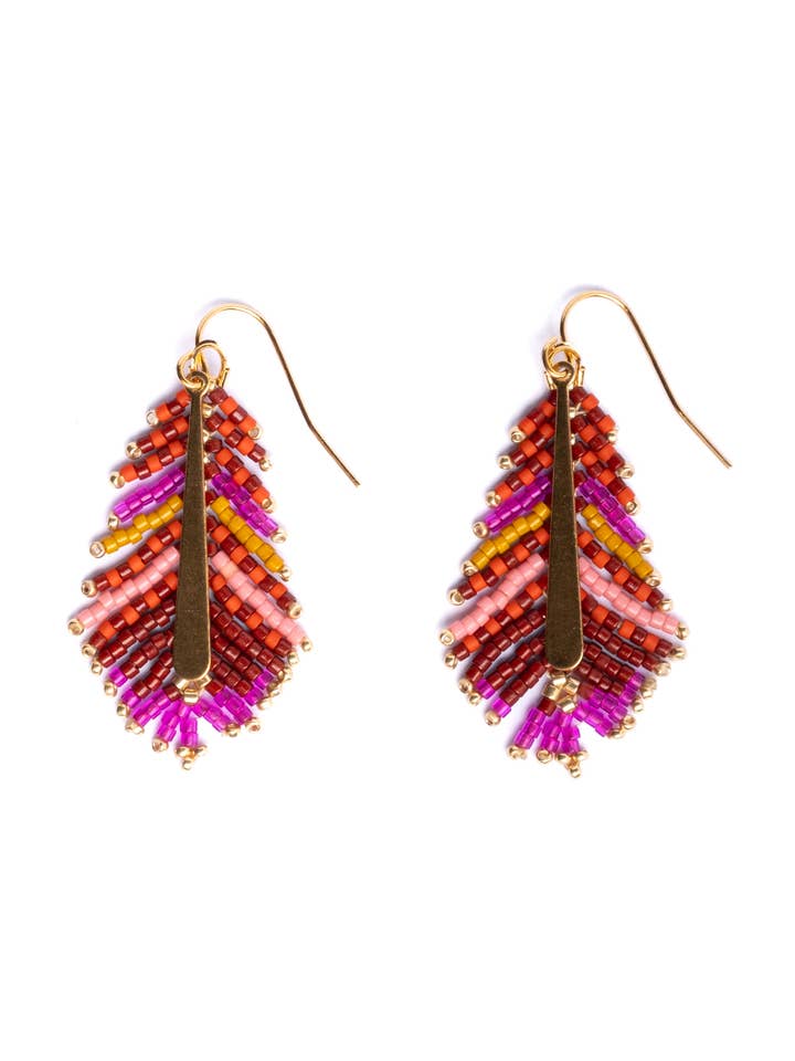Beaded Handwoven Gilded Feather Earrings (Magenta/Orange) for wholesale by Mayana Designs Co