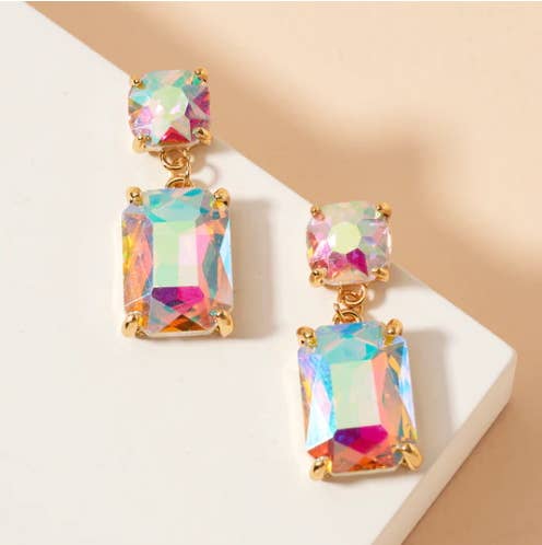 StarryNYC - Wholesale Dangle Earrings - Double Square Linked Crystal Glass Dangle Earrings