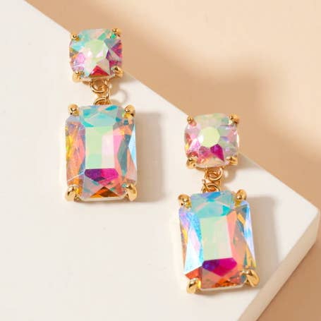 Double Square Linked Crystal Glass Dangle Earrings for wholesale by StarryNYC