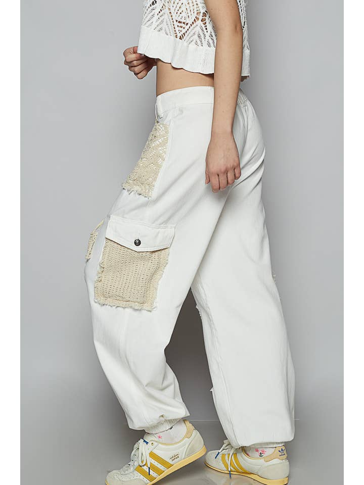 Pol Clothing - Wholesale Pants - Women's - Vintage Wash Crochet Patches Distress Jogger Pants SALE1