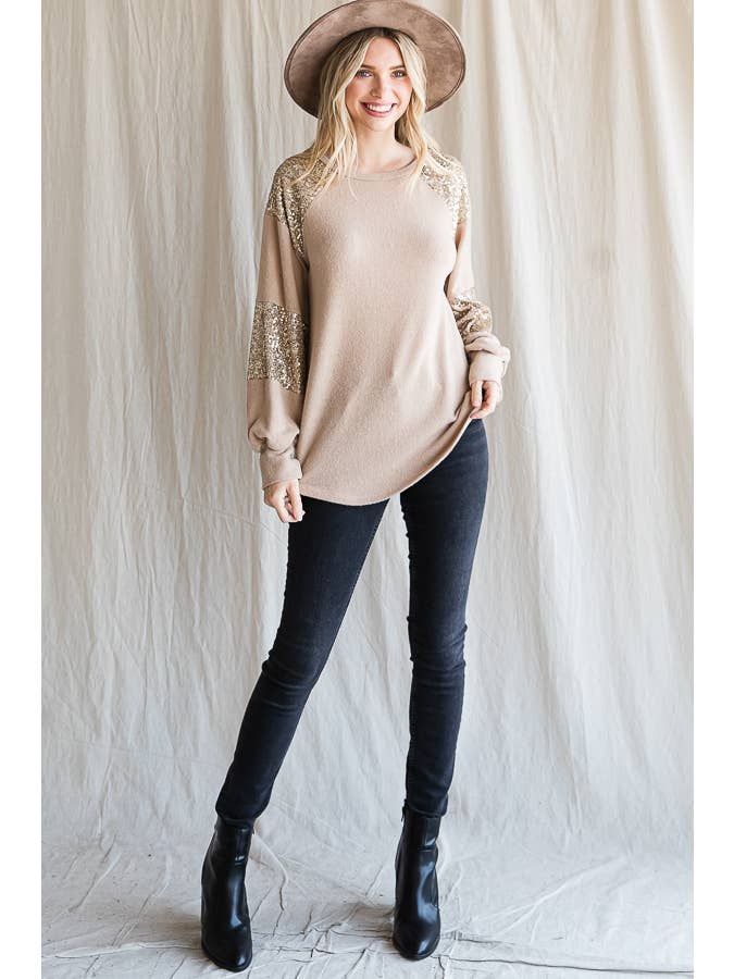 7th Ray - Wholesale Knit Top - Women's - Women's Casual Brush Knit Top with Sequin Contrast T4399