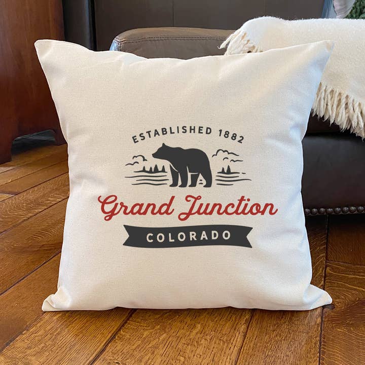 Bear Scene w/ City, State - Custom Square Canvas Pillow for wholesale by North & Pine