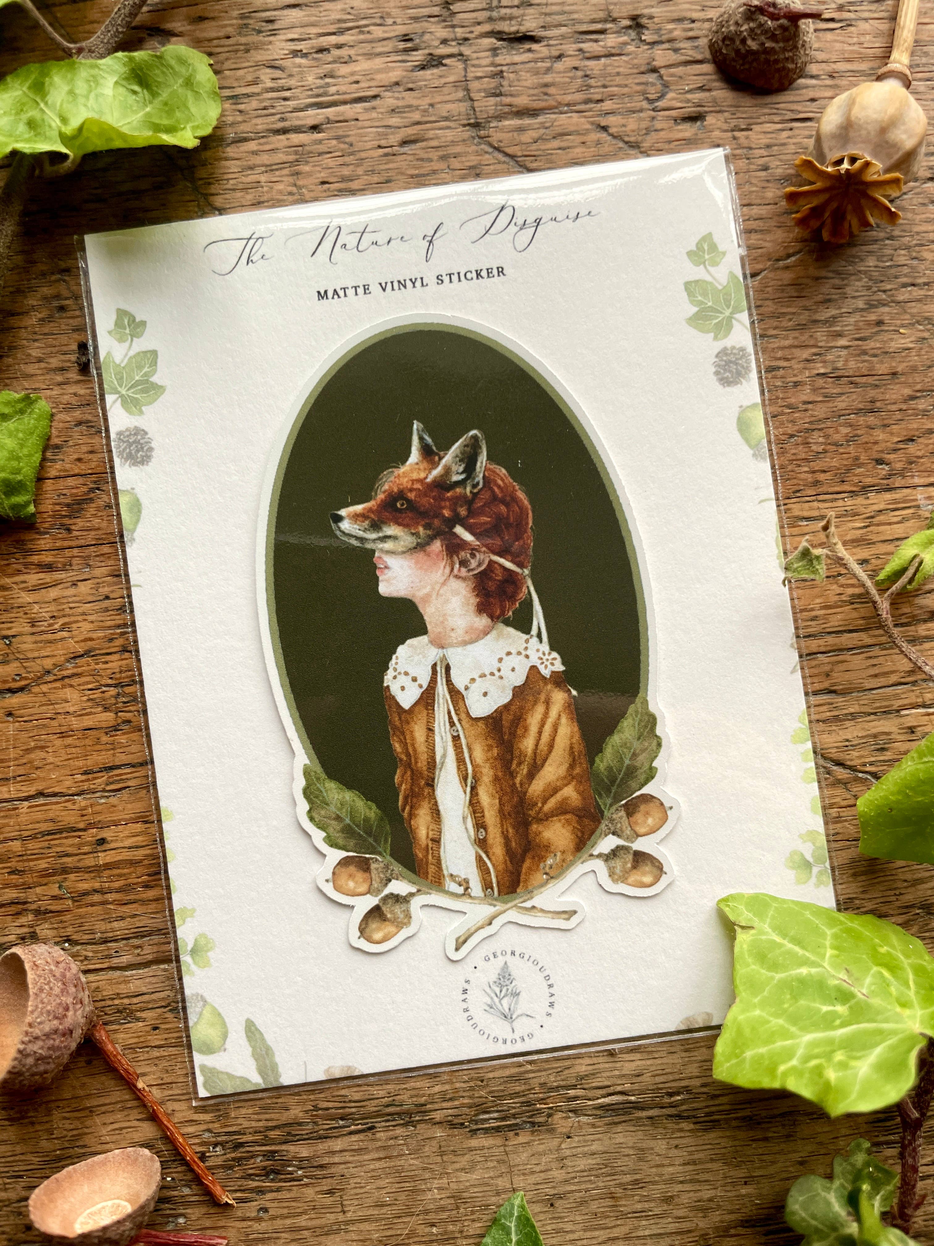 Georgiou Draws – wholesale Sticker – Girl in Fox Mask Oval Matt Vinyl Sticker | Curious Art2