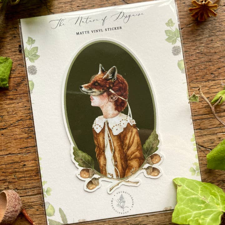 Georgiou Draws - Wholesale Sticker - Girl in Fox Mask Oval Matt Vinyl Sticker | Curious Art2