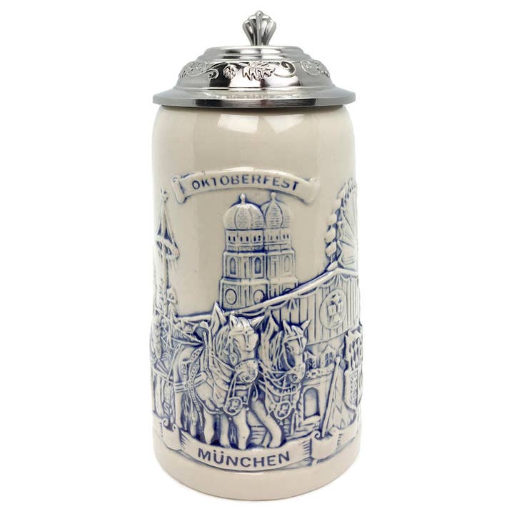 Stoneware Munich Beer Wagon Lidded 1L Stein for wholesale by European Heritage Gifts
