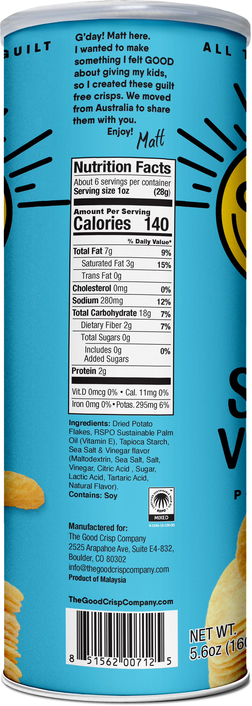 The Good Crisp Company - Wholesale Chips - Sea Salt & Vinegar Chips - 5.6oz Cans (Case of 8)2