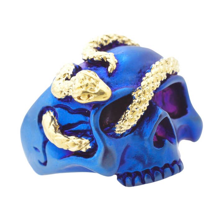 Men's Blue And Gold Stainless Steel Skull And Snake Ring for wholesale by Blackjack Mens Jewelry