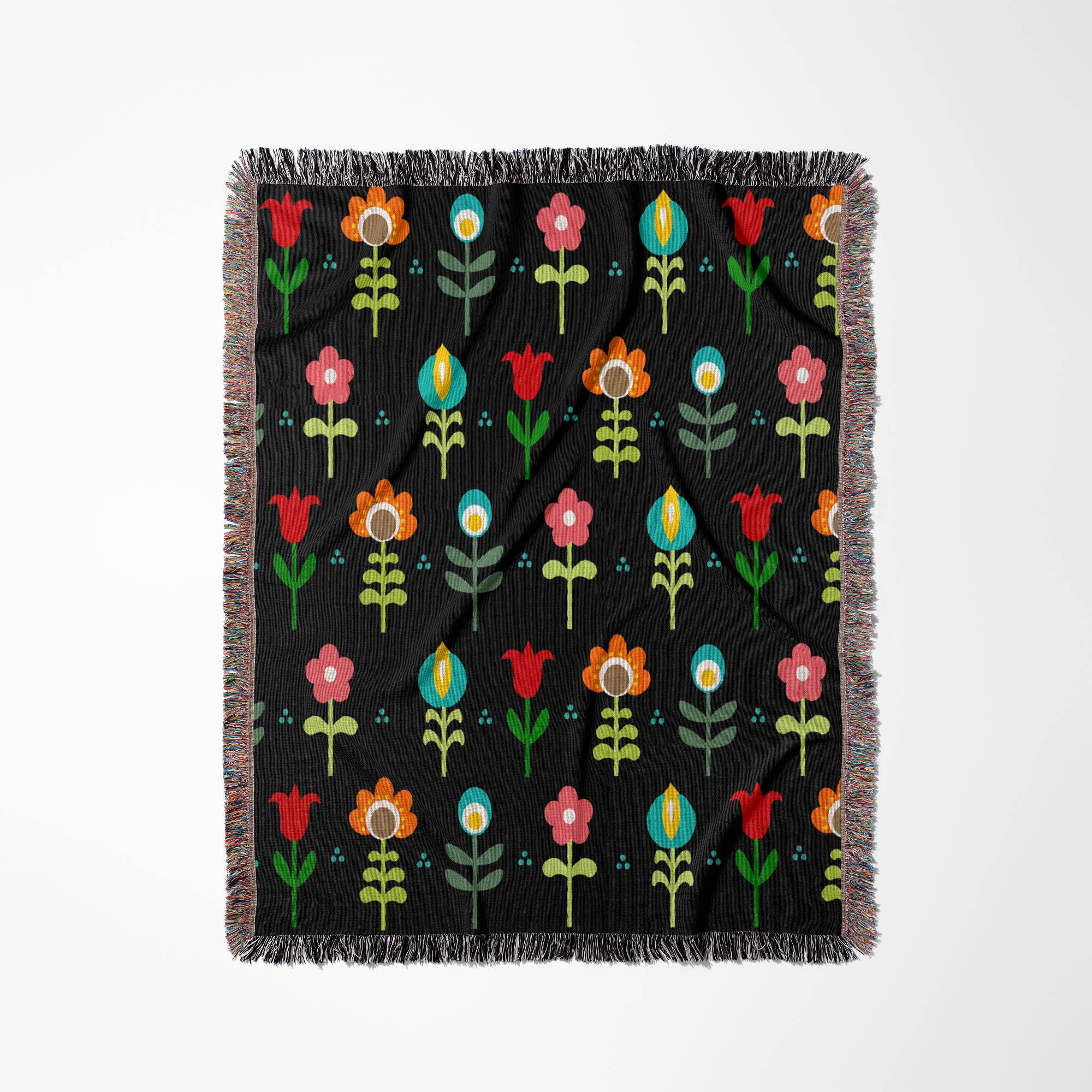 3dRose - Wholesale Throw Blanket - 3dRose, Retro floral pattern - Scandinavian colorful flowers on modern black - Swedish traditional flower, Blanket0