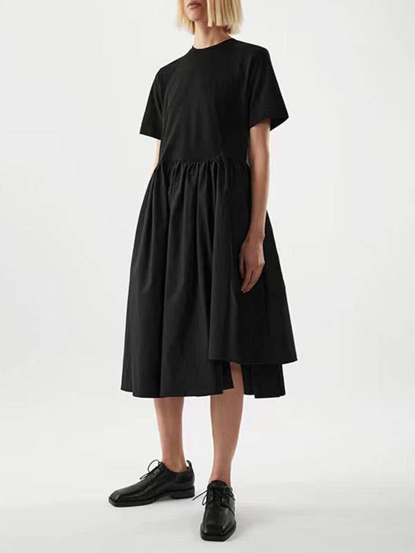 Robes midi décontractées à manches courtes et col rond de couleur unie pour la vente par VividLux