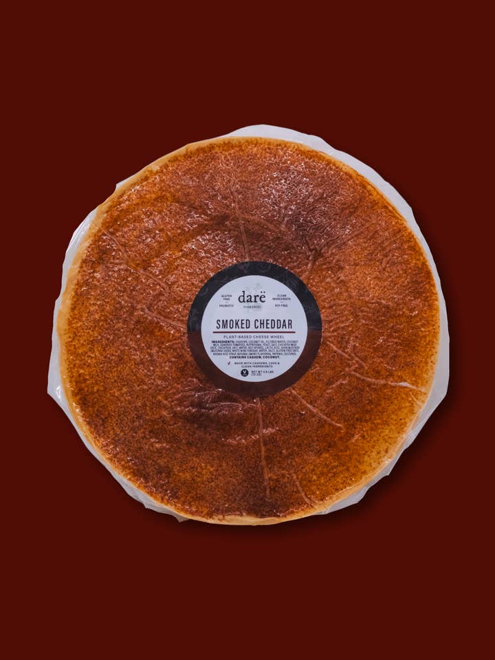 Smoked Cheddar Plant-Based Cheese Wheel for wholesale by Darë Vegan Cheese