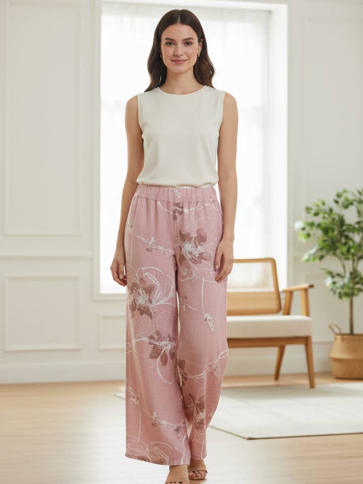 Bukser med blomsterprint i hør 20677 for engroshandel hos Shyloh