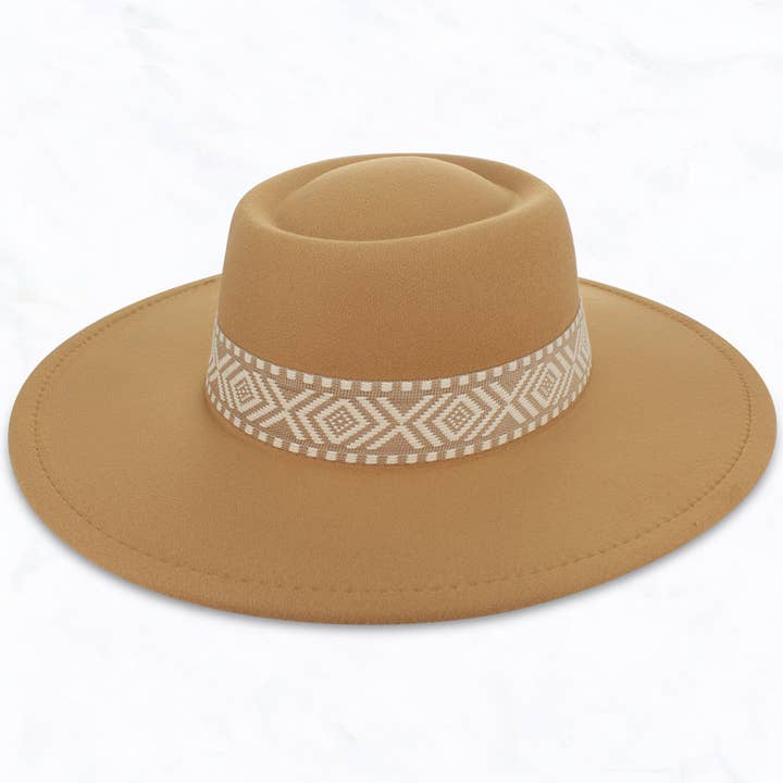 Suzie Q USA - Wholesale Fedora - Women's - Big Brim Concave Top Aztec Pattern Belt Jazz Hat