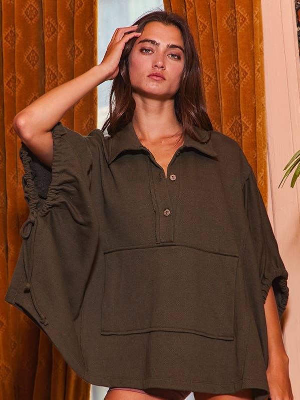 BUCKETLIST - Wholesale Tunic - Women's - T2195 Oversized Drawstring Tie Sleeves Detail Solid Top