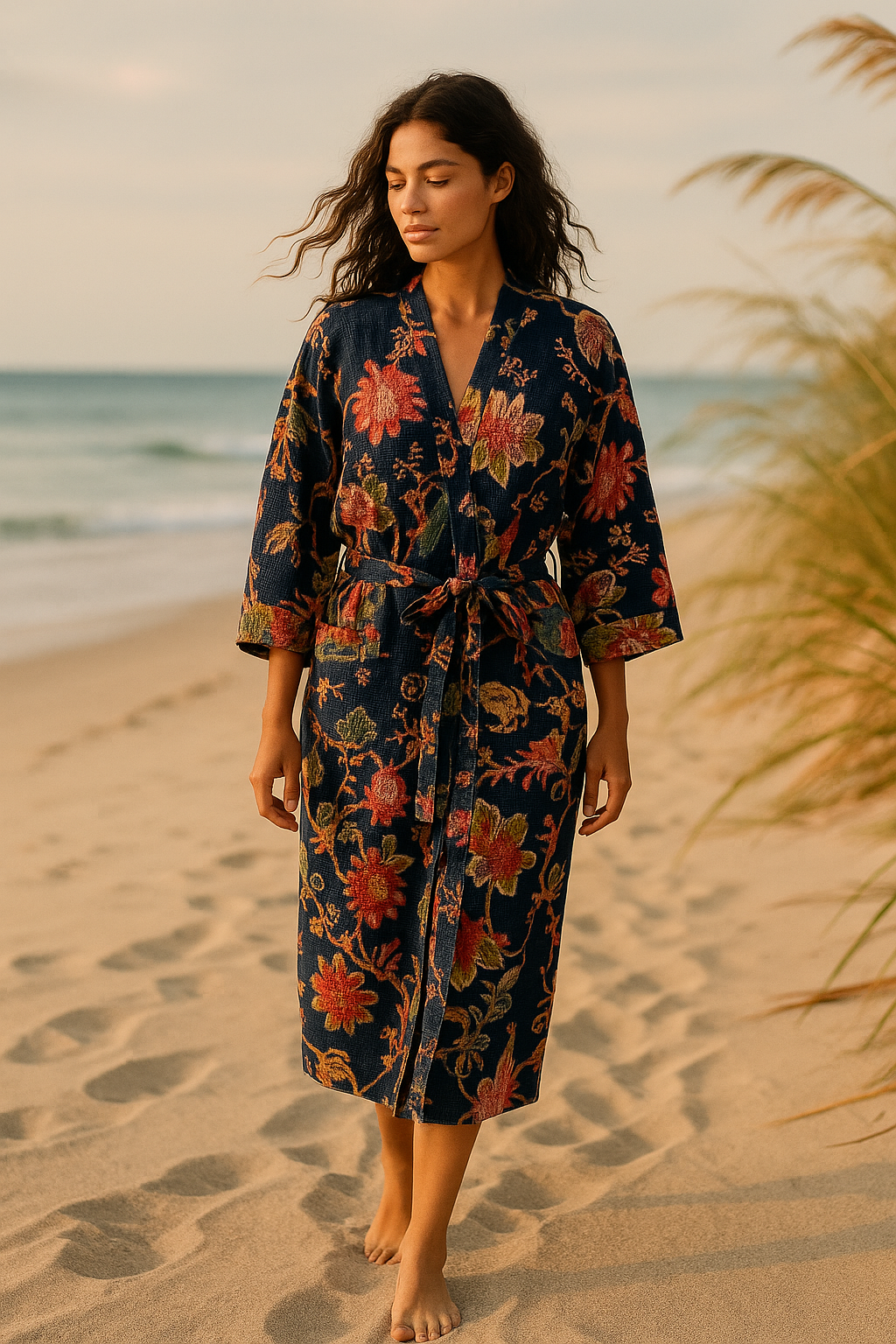 Glamthread - Wholesale Robe - Women's - Midnight Bloom Navy Floral Kimono Robe | Waffle Cotton Loungewear2