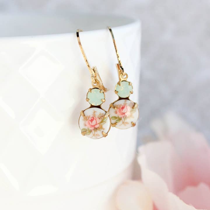 A Pocket of Posies - Wholesale Dangle Earrings - Small Drop Earrings - Vintage Glass - Pink Rose and Mint