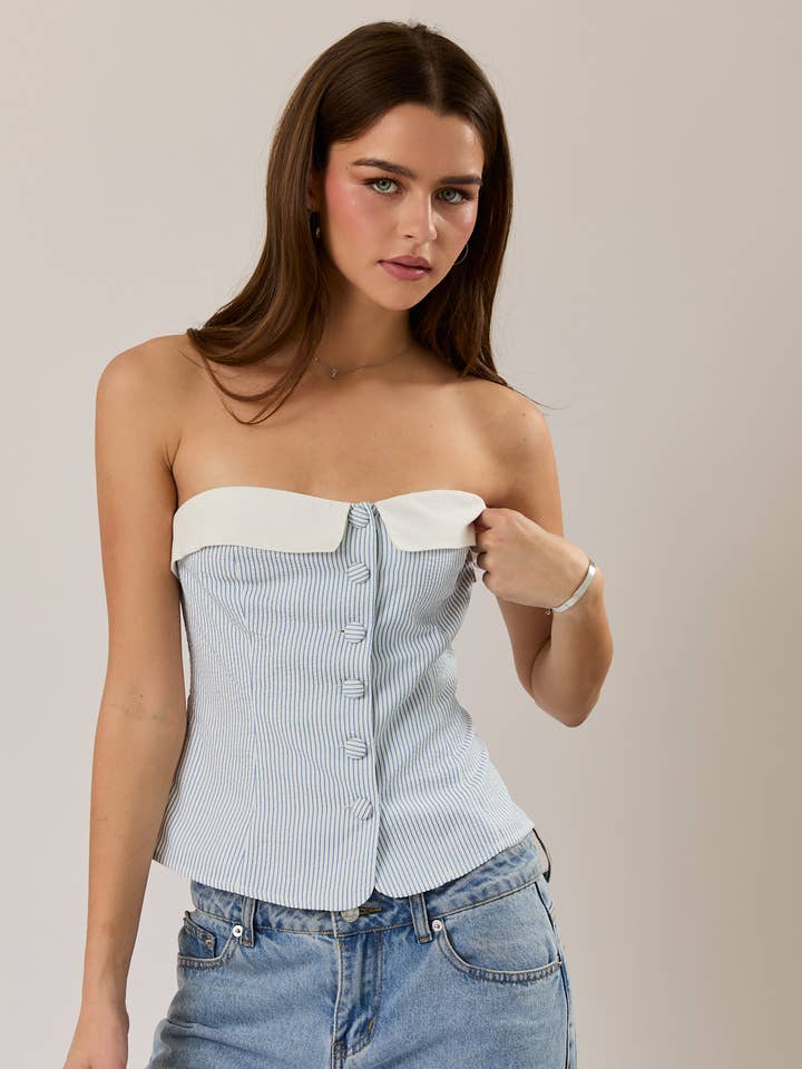 STRAPLESS STRIPE FOLDED BUTTON DOWN TOP for wholesale by LE LIS