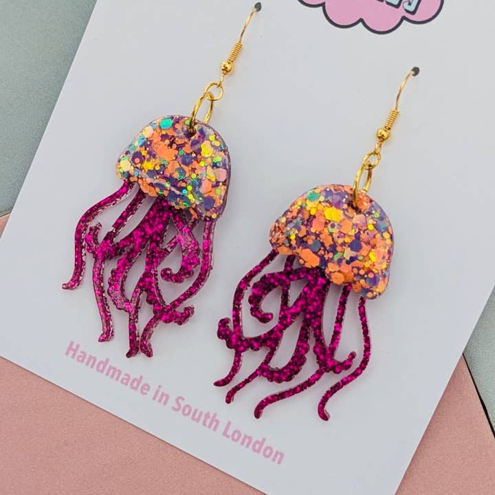 By Heather Filby - Wholesale Dangle Earrings - Orange and Hot Pink Jellyfish Glitter Earrings - Best Seller2