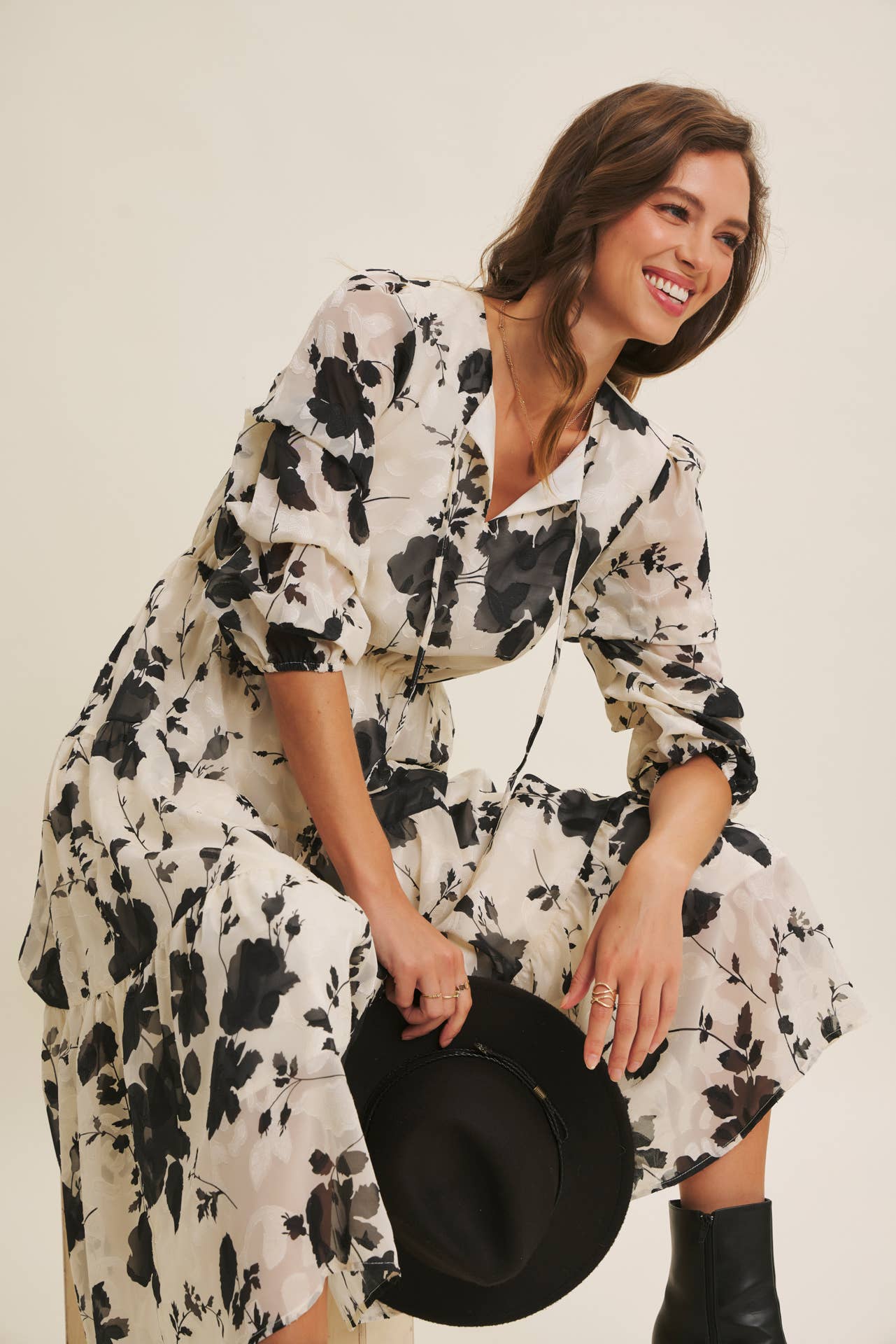 in february - Wholesale Dress - Women's - DREAMY JACQUARD FLORAL MIDI DRESS WITH STATEMENT SLEEVES24