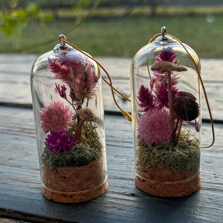 Remedy Designs - Wholesale Ornament - Mushroom terrarium, dried mushroom cloche, real flower decor, woodland christmas5