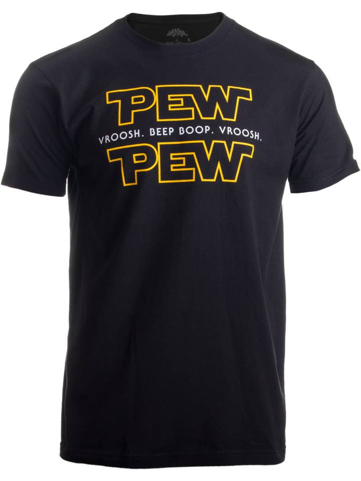 Black Pew Pew Wars Funny Sci-fi Space Star T-Shirt for Geeks for wholesale on Faire5
