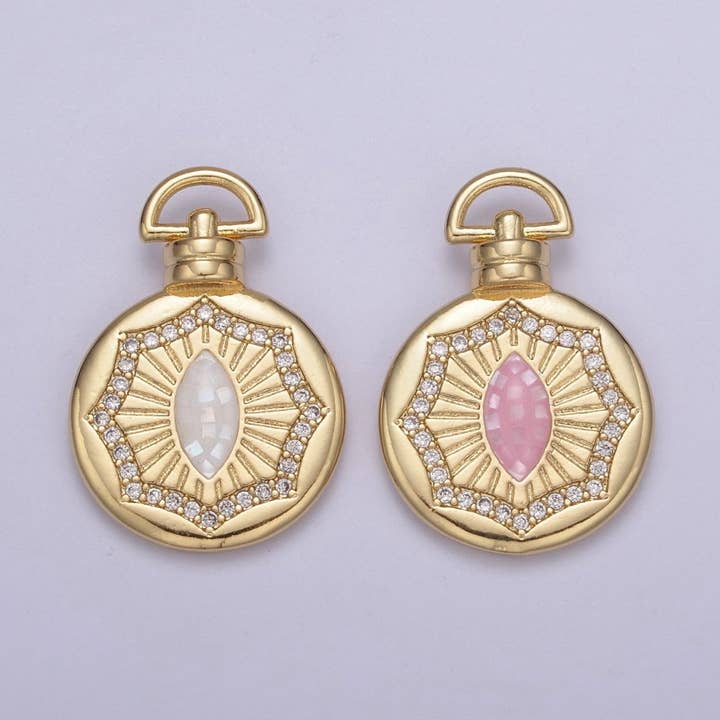 Pendentif Œil en Or Fin Coquillage Rose Micro Pavé Médaillon Rond Amulette Coquillage Rose / Blanc Fabrication de Bijoux H-707 H-710 pour la vente par Aim Eternal