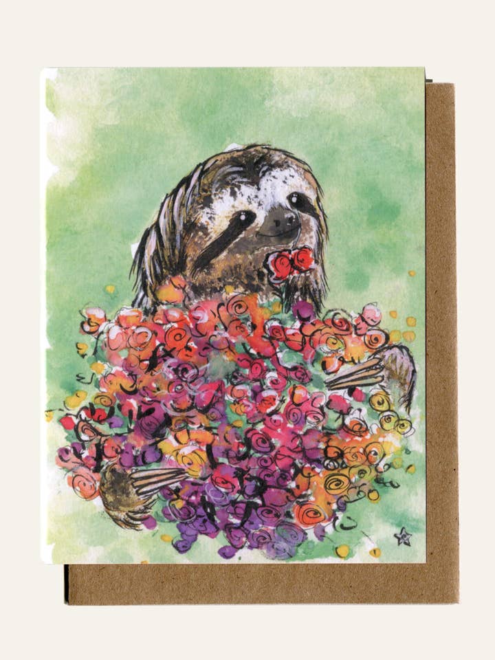 Stop en ruik de ranonkel - Luiaard notitiekaart voor wholesale door Darling Illustrations