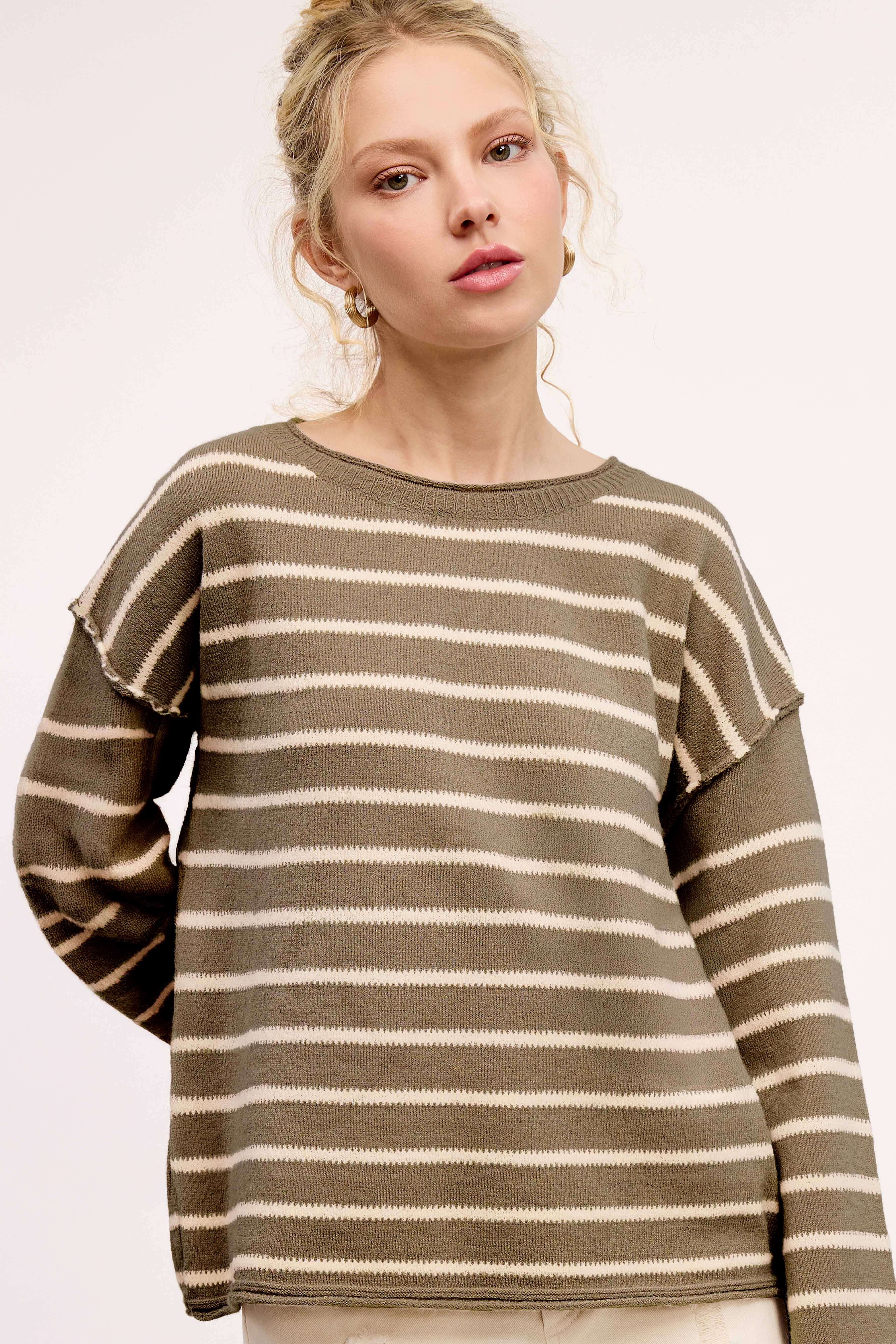 La Miel - Wholesale Knit Sweater - Women's - MCS3588-Striped Round Neck Loose Fit Long Sleeve Sweater15