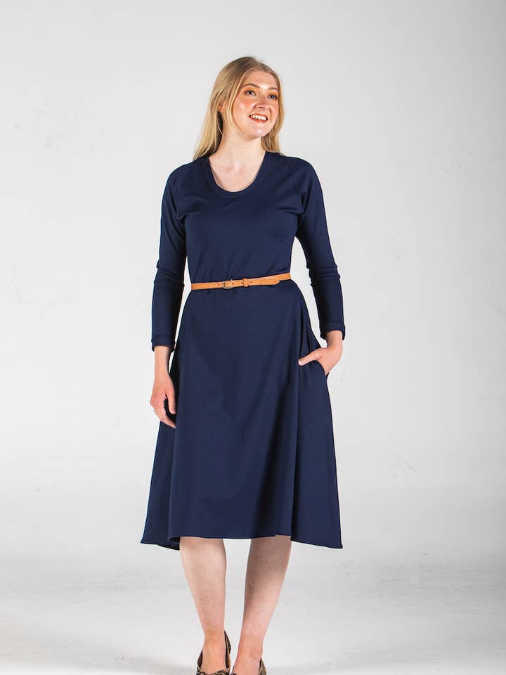 Knieriem Designs - Wholesale Dress - Women's - Long Raglan Sleeve Ponte Dress with Pockets and Full Skirt