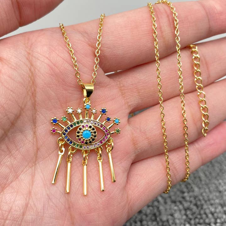 Mio Queena - Wholesale Pendant/Charm Necklace - Sparkling Colored CZ Evil Eye Charm Golden Necklace
