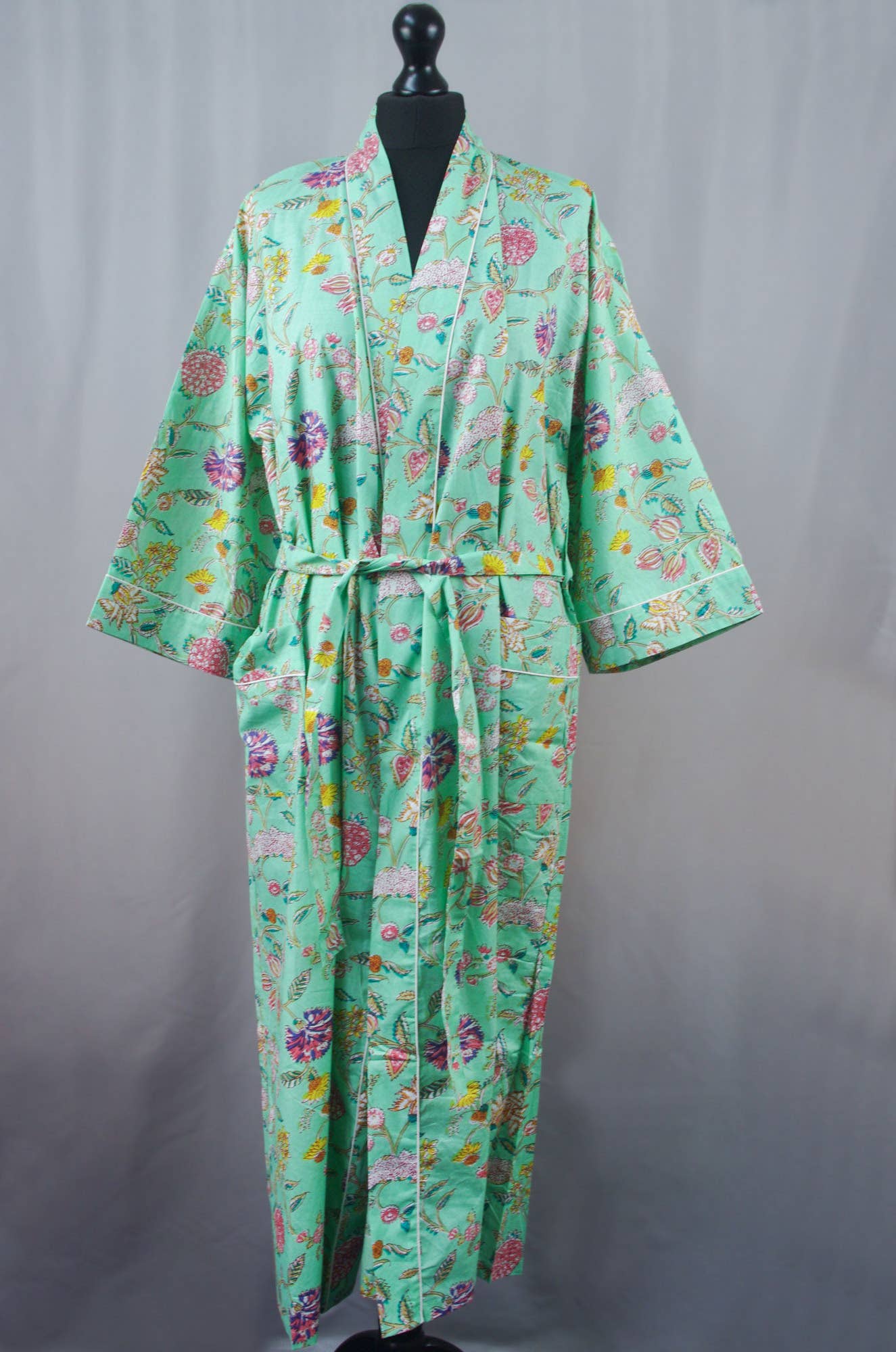 Kantha Decor - Vente Kimono – femme - Peignoir kimono en coton - Mint Wild Flowers1