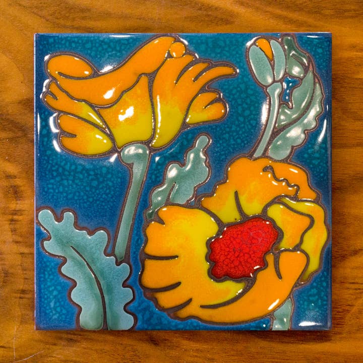 Desert Poppy Bloom Hand Glazed Art Tile Trivet for wholesale by Carly Quinn Designs