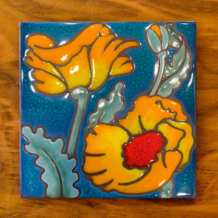 Desert Poppy Bloom Hand Glazed Art Tile Trivet for wholesale by Carly Quinn Designs