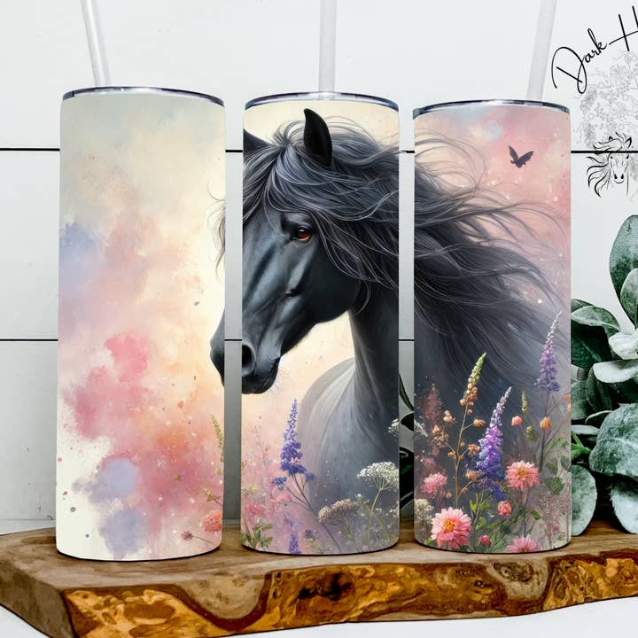 Black Fresian Horse on Watercolor Floral Tumbler for wholesale by Dark Horse Dream Designs LLC