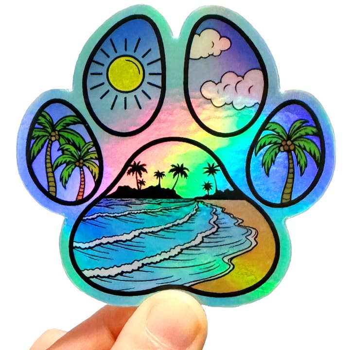Dog Paw Print Holographic Sticker, Beach Lover Dog Mom Decal for wholesale by Art by Sharell