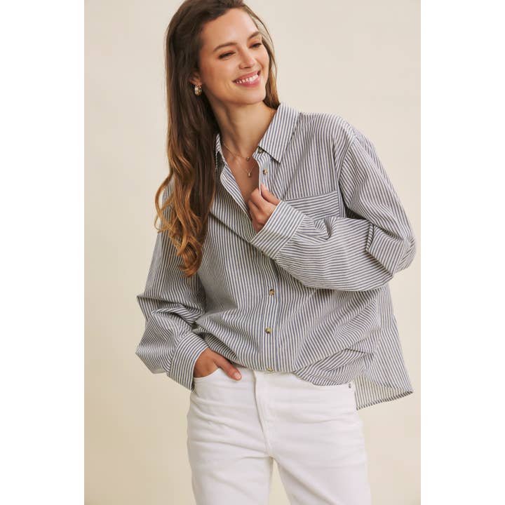 in february - Wholesale Button Down Shirt - Women's - STAPLE PINSTRIPE BUTTON-DOWN OVERSIZED SHIRT