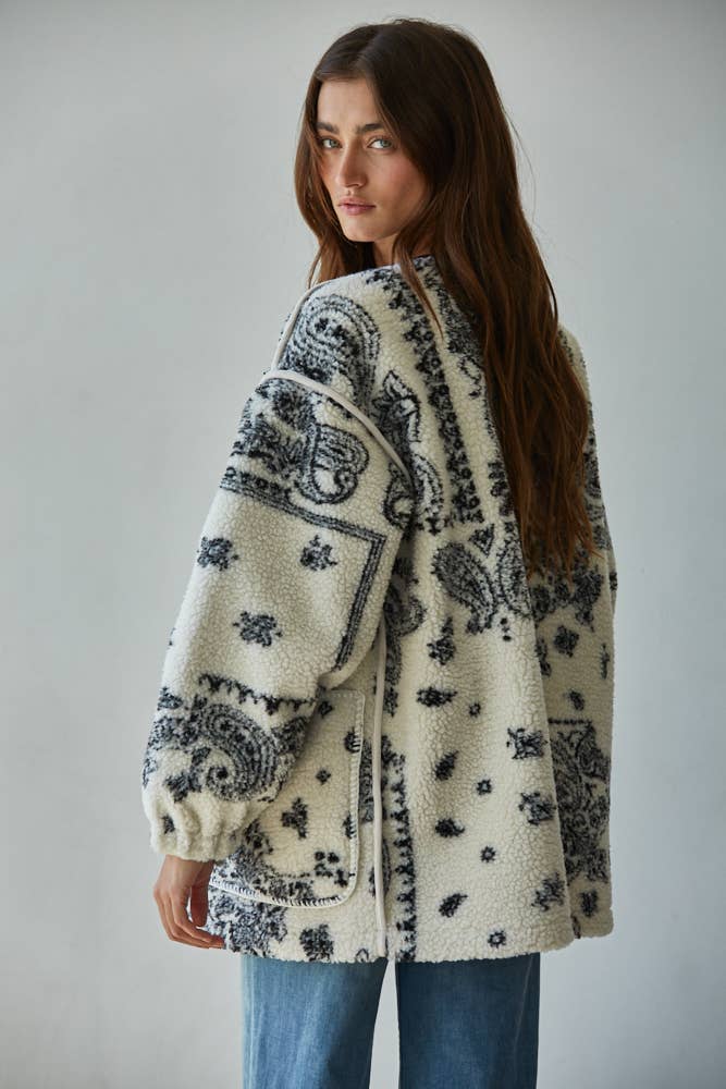 Ivory Black L8607 | Woven Polyester Fleece Sherpa Paisley Print Jacket  for wholesale on Faire3