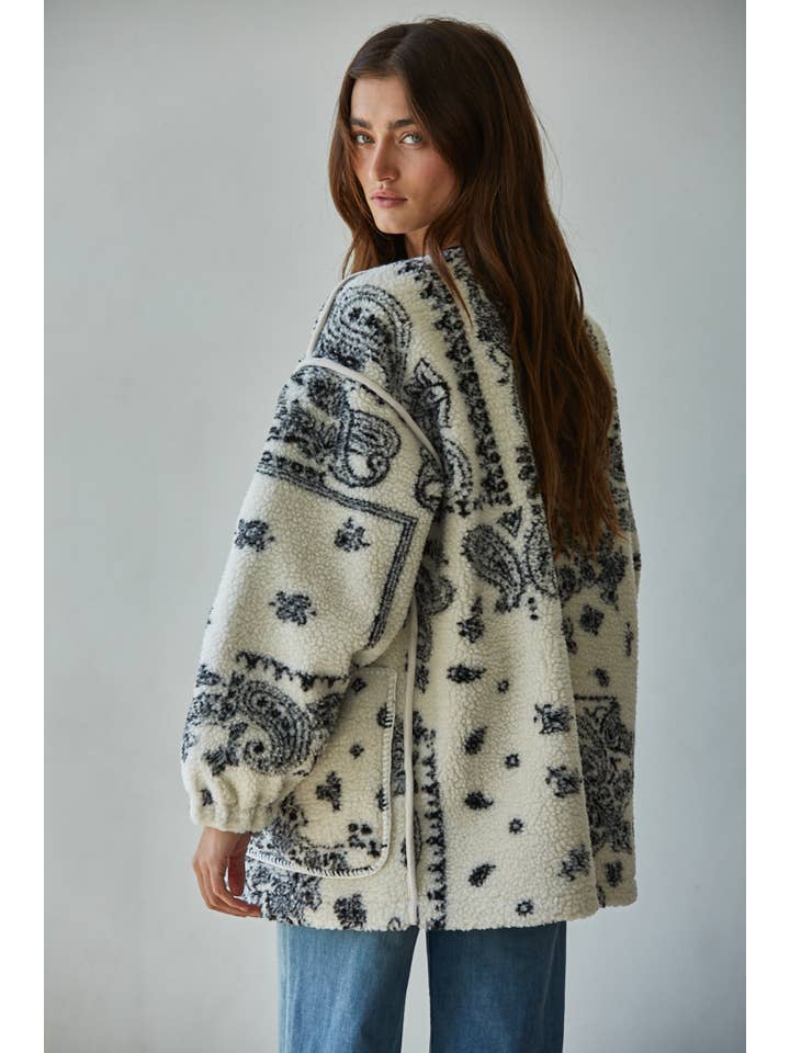 Ivory Black L8607 | Woven Polyester Fleece Sherpa Paisley Print Jacket for wholesale on Faire3