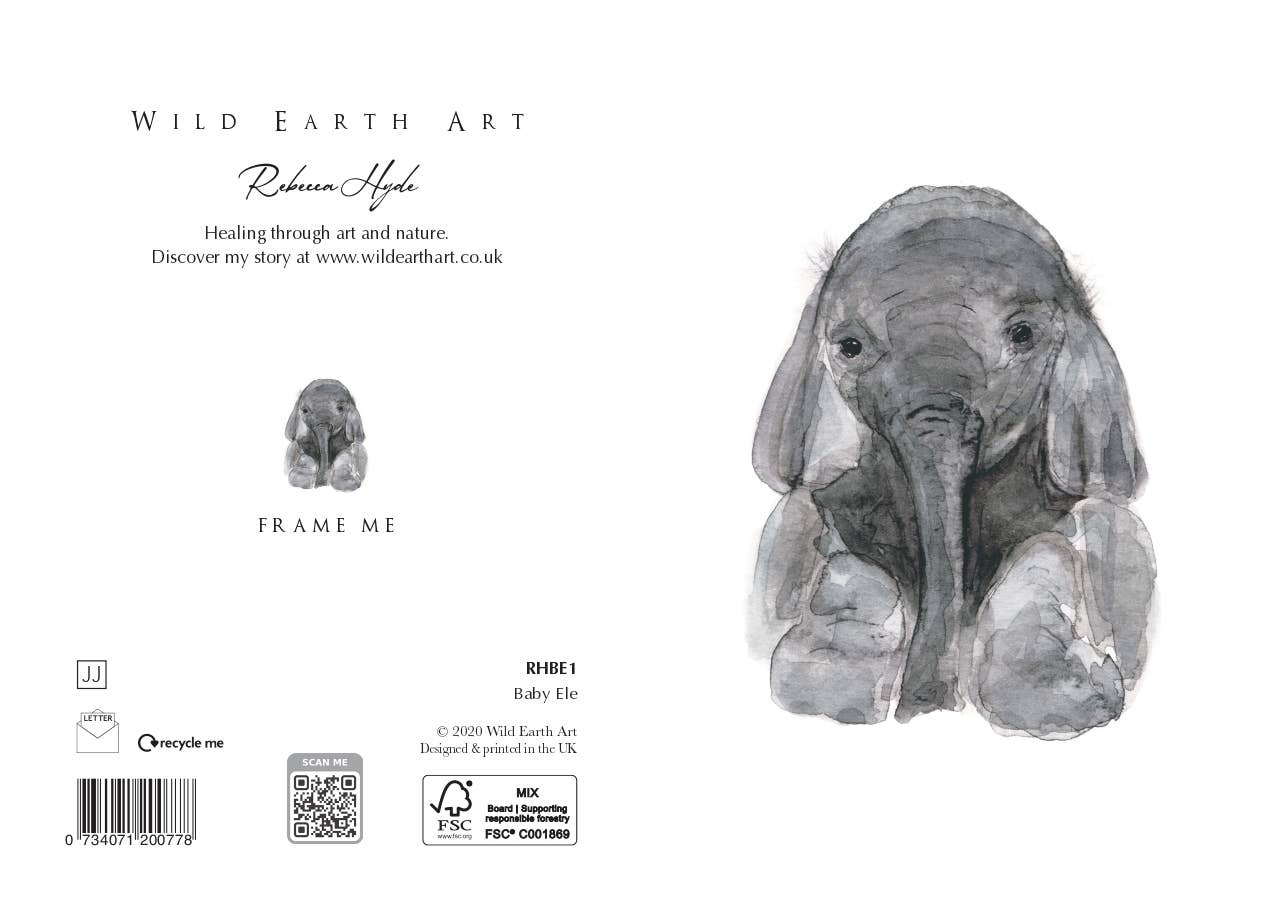 Wild Earth Art - Wholesale Baby Card - Baby Ele Watercolour Painting Greeting Card by Rebecca Hyde0