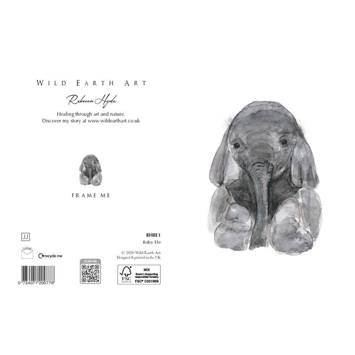 Wild Earth Art - Wholesale Baby Card - Baby Ele Watercolour Painting Greeting Card by Rebecca Hyde