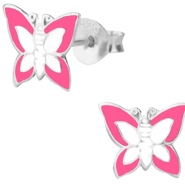 Sterling Silver Pink & White Butterfly Stud Earrings for wholesale by Penny & Piper