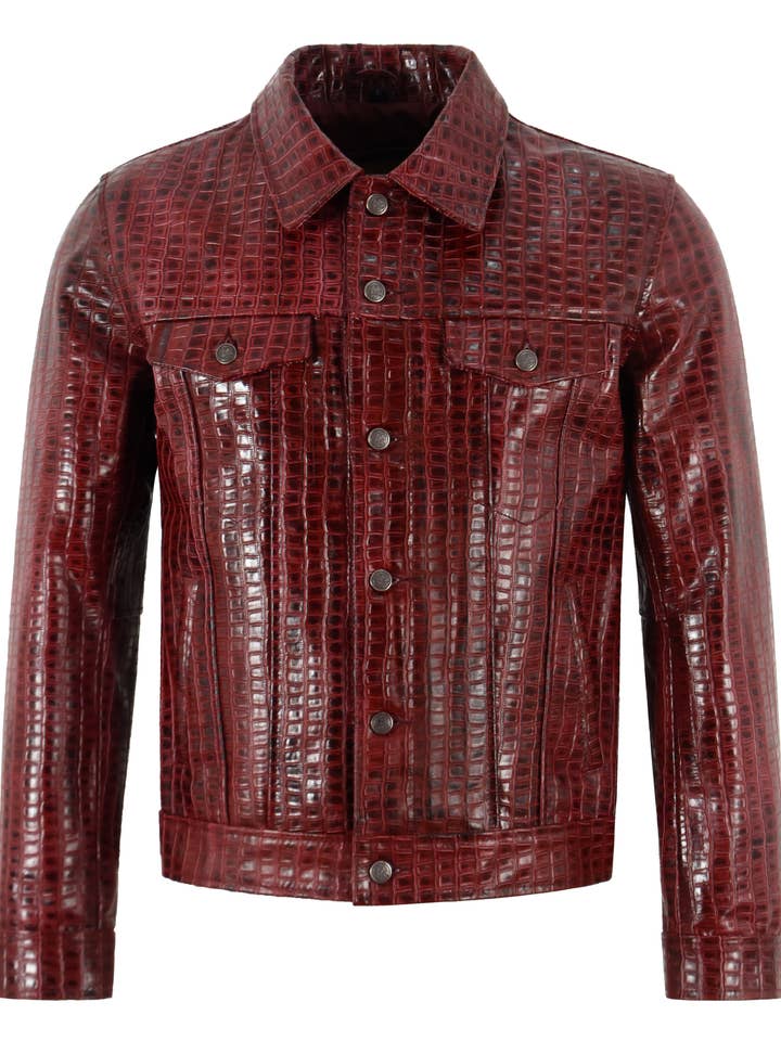 Men’s Croc-Embossed Lamb Leather Trucker Jacket – Cherry for wholesale by Smart Range Leather