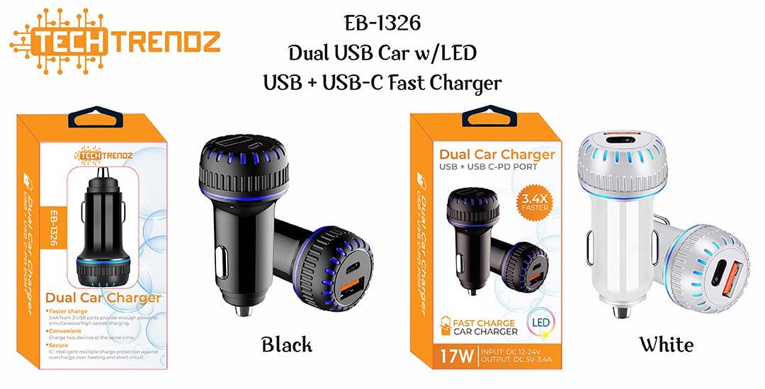 Tech Trendz - Wholesale Portable Charger - USB + USB-C Fast Charger for Cars3