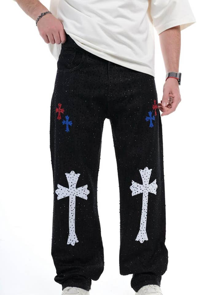 Black Wide Leg Printed Patch Jeans 3281 for wholesale by Monocloth