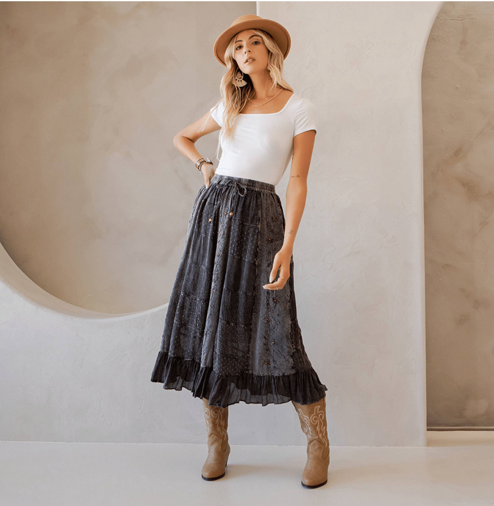 Young Threads - Wholesale Skirt - Women's - Women Patchwork Embroidered Maxi Skirt With Side Pockets