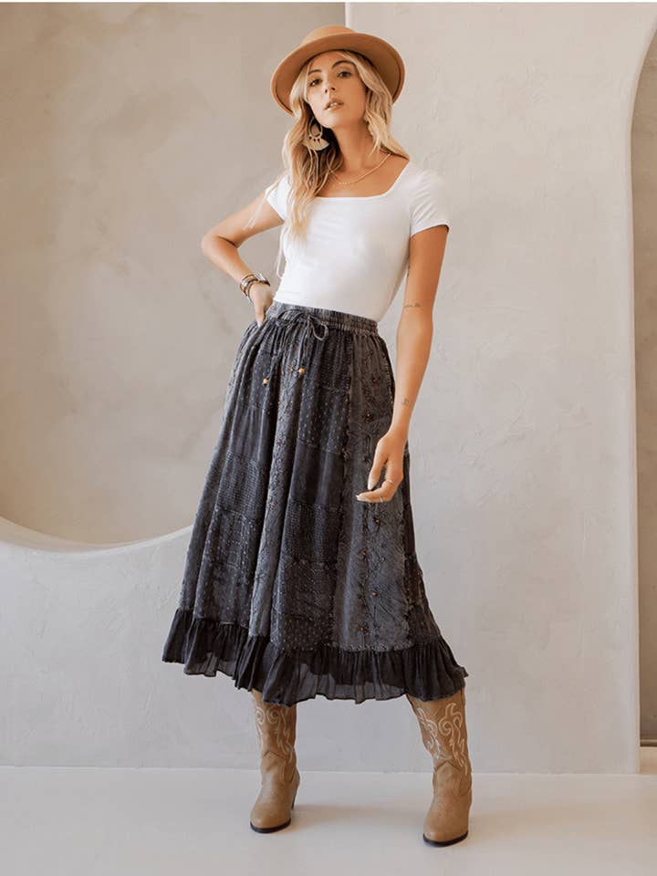 Young Threads - Wholesale Skirt - Women's - Women Patchwork Embroidered Maxi Skirt With Side Pockets0