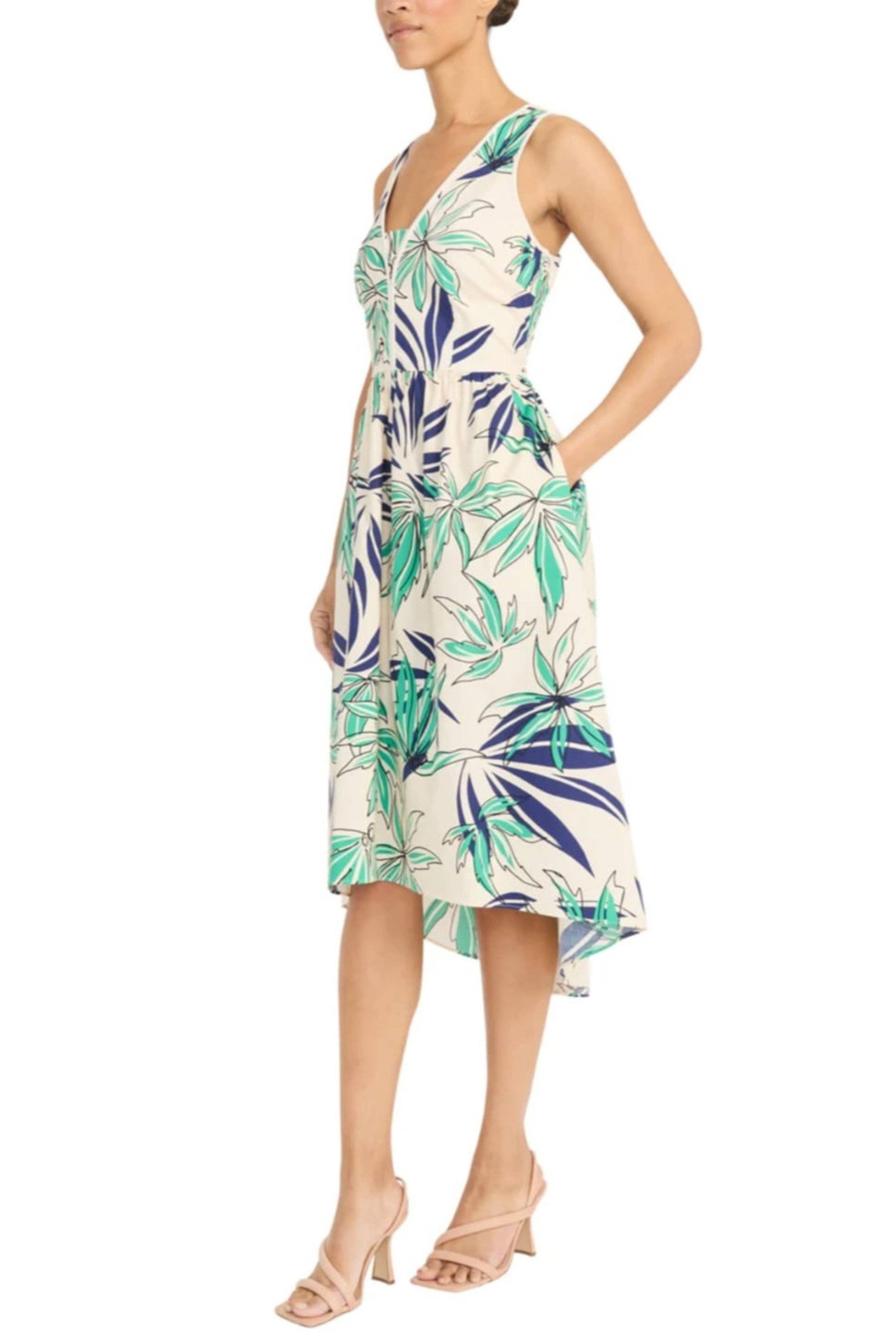 IVORY GREEN Maggy London Palm Print Hi-Lo Midi Dress for wholesale on Faire2