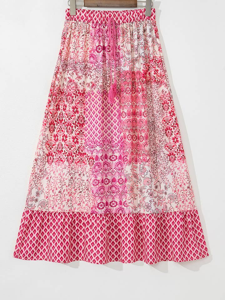 Red Boho Pattern Print Tassel Drawstring High Waist Maxi Dress for wholesale on Faire2