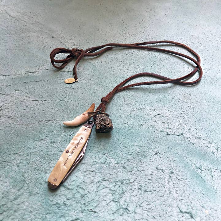 Vintage Pocket Knife & Coyote Tooth Necklace, Pyrite, Real for wholesale by ASTALI